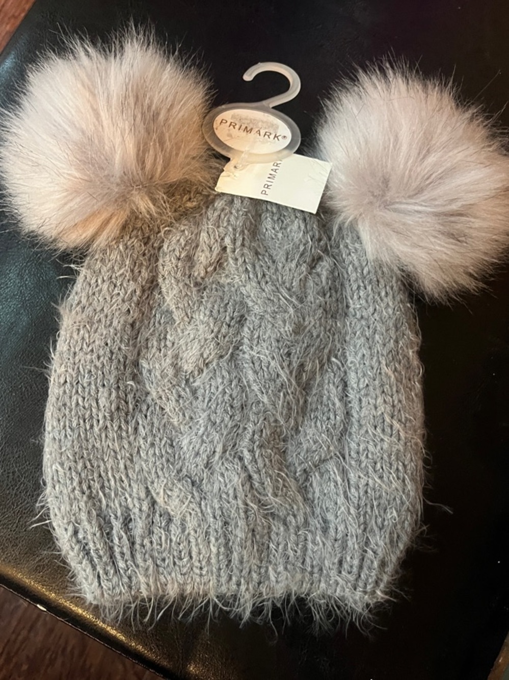 Primark Light Grey Soft Cable Knit Beanie with Faux Fur Double Poms